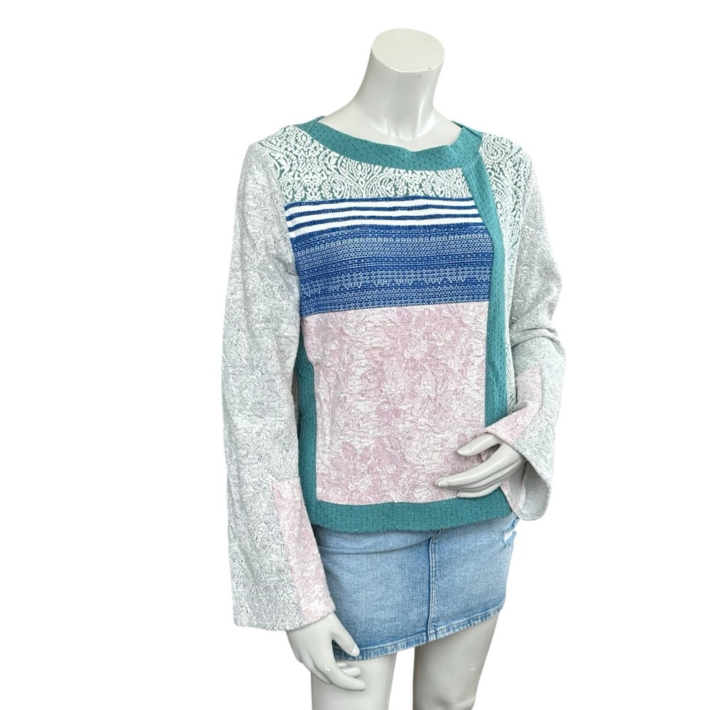 Anthropologie Postcard Open Snap Sides Pastel Patchwork Boho Sweater Size Medium - Picture 4 of 12